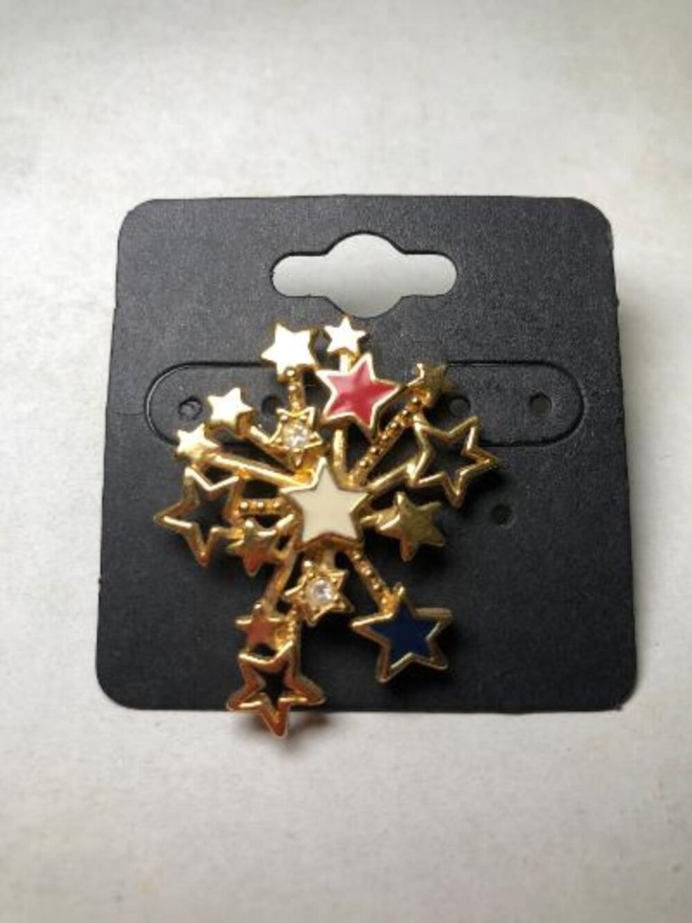 Vintage Avon Star Brooch Red White Blue Gold Tone Rhinestone Firework Pin USA